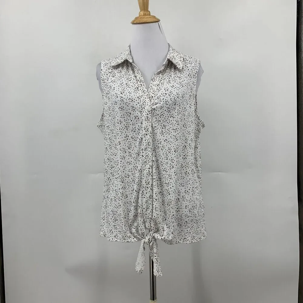 Adrianna Papell Printed Knit Blouse Women M White Sleeveless Button Up Tie Front